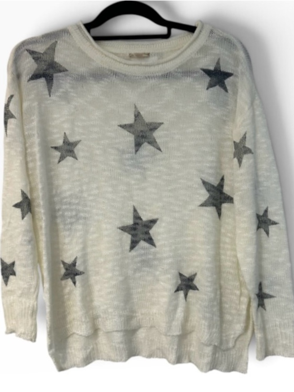 Hem & Thread White Star Print Open Knit Distressed Sweater Size Small